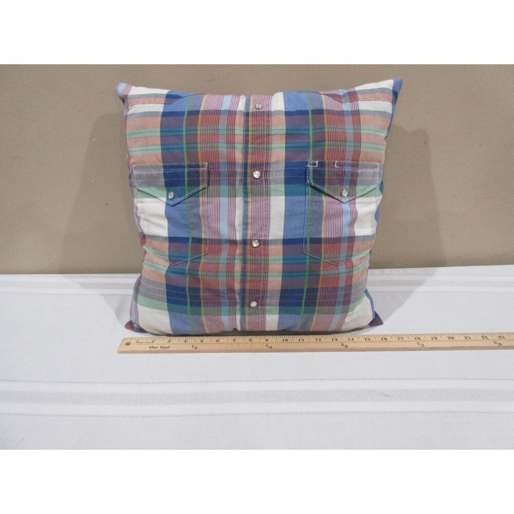Handmade Pillow Decor Western Pearl Snap Shirt Motif 16" Plaid Pockets Keepsake
